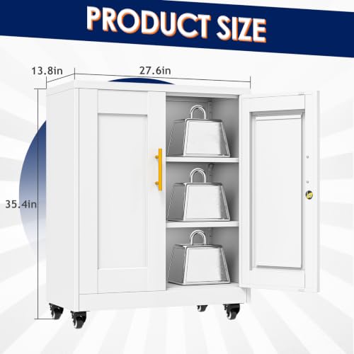 erosoei 35" H Metal Garage Storage Cabinet, Rolling Tool Cabinet with 2 Doors and Wheels, Locker Steel Cabinet with 2 Adjustable Shelves, Organization Cabinet for Garage,Office,Home,Gym,School（White） - color: White, size: 35" NCasNLck
