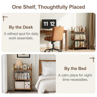 AQIMUELE Solid Wood Ladder Shelf, Leaning Bookshelf, Walnut, 3-Tier - color: Walnut, size: 3-Tier