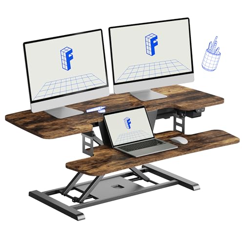 FLEXISPOT 40 inch Electric Motor Desk Converter, Sit to Stand Monitor and Laptop Workstation, Height Adjustable Riser with Wide Keyboard Tray, Rustic Color - color: Rustic, size: 40"