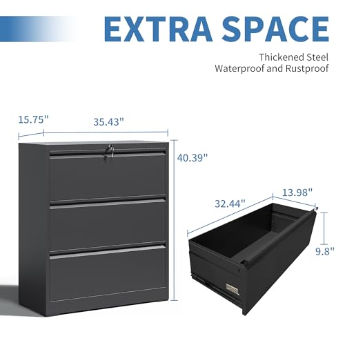 3 Drawer File Cabinet with Lock, Metal Lateral Filing Cabinets - color: Black, size: 3 Drawer_ 35"W