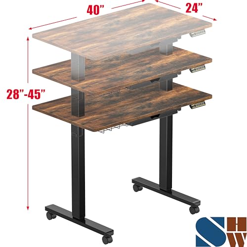SHW Mobile Electric Height Adjustable Standing Desk w/Drawer, Rustic Brown | 40" Wide Top | w/ Memory Presets and Cable Management | Drawer with adjustable compartments | Hanging Hooks - color: Rustic Brown