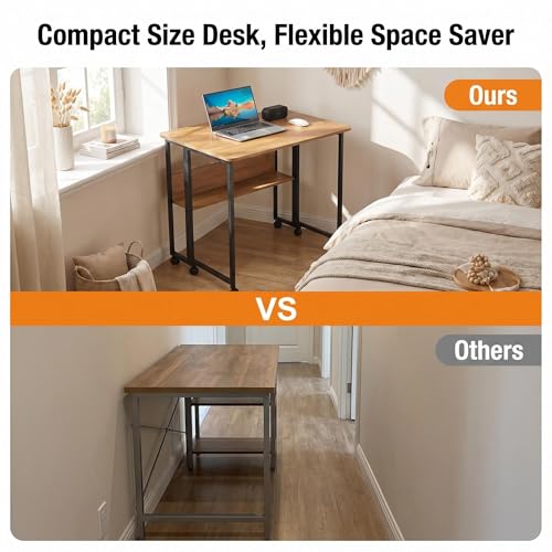 Mobile Foldable Computer Desk with Lockable Wheels & Fixed Foot Pads,Space Saving Folding Writing Gaming Table with Storage Shelf,Laptop Desk for Bedroom Small Apartment Office - color: Walnut Folding Table