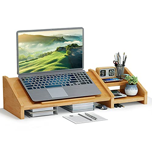 Ufine Bamboo Laptop Stand for Desk with Storage Computer Monitor Riser | 3 Heights Adjustable, Notebook Printer Stand Desktop Organizer for Home Office
