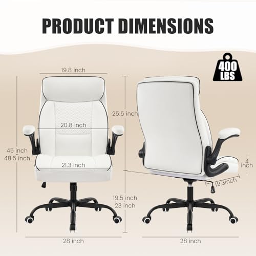White Office Chair 400lbs, Modern Executive Desk Chair with Lumbar Support, Comfortable Computer Chair with Flip-up Armrests, Adjustable Height Swivel Reclining Chair for Home Office, Faux Leather - color: White-large