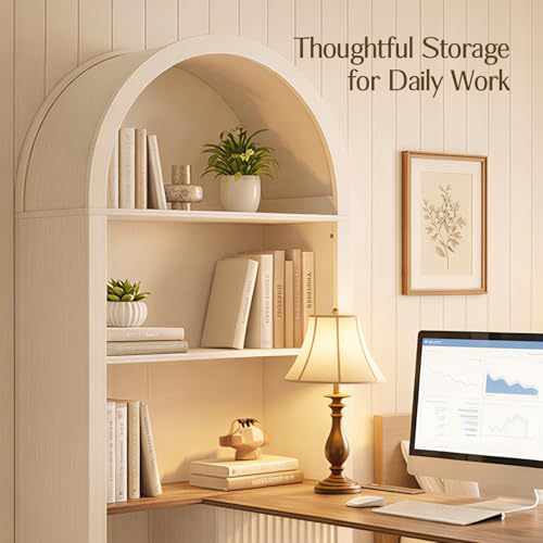 NORTHSKY 61" L Shaped Desk with Arched Hutch, White Corner Computer Desk with Power Outlets, 3 Drawers, File Cabinet and Sliding Door Storage for Home Office
