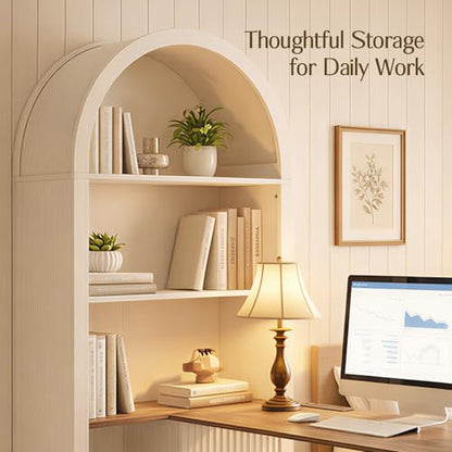 NORTHSKY 61" L Shaped Desk with Arched Hutch, White Corner Computer Desk with Power Outlets, 3 Drawers, File Cabinet and Sliding Door Storage for Home Office