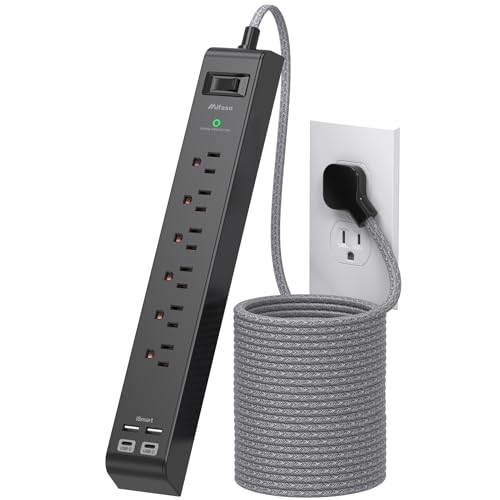 Surge Protector Power Strip 25FT, 10-in-1 with 6 AC Outlets 4 USB Ports(2 USB-C), Ultra Flat Plug Braided Extension Cord, Wall Mountable, 1080J Surge Protection, ETL Listed, Black - color: Black, size: 25FT
