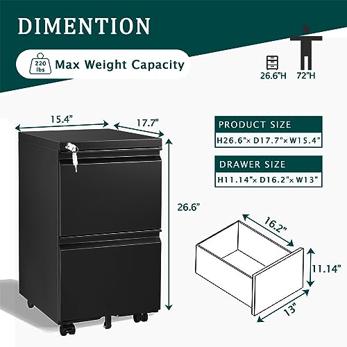 2 Drawer Mobile File Cabinet with Lock,Rolling File Cabinet, Under Desk Mobile Filing Cabinet,File Cabinets for Home Office,Storage 2 Drawer Mobil Filing Cabinet for A4/Legal/Letter,Balck - color: Black, style: 2A
