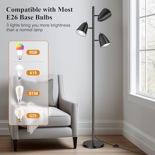 QiMH Tree Floor Lamp with 3 Light Bulbs, Standing Tall Pole Lamps for Living Room Bedroom Office, Reading Stand up Lamps with 3 Adjustable Arms, Black - color: Black