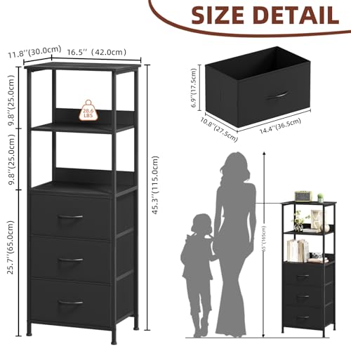 Somdot 5 Tier Bookshelf with 3 Drawers, Narrow Storage Bookcase for Bedroom | Tall Metal Frame Bookcase for Small Spaces, Living Room and Home Office, Black - color: Black