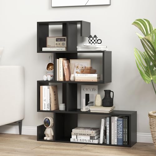Tangkula S-Shaped Bookshelf, 5-Tier Modern Geometric Stepped Bookcase - color: Black