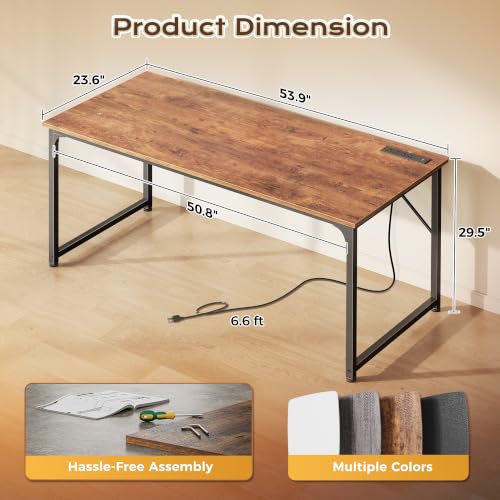 PRAISUN 54 X 24 Inch Deeper Desk with Power Outlets - color: Rustic Brown, size: 53.9*23.6 inch