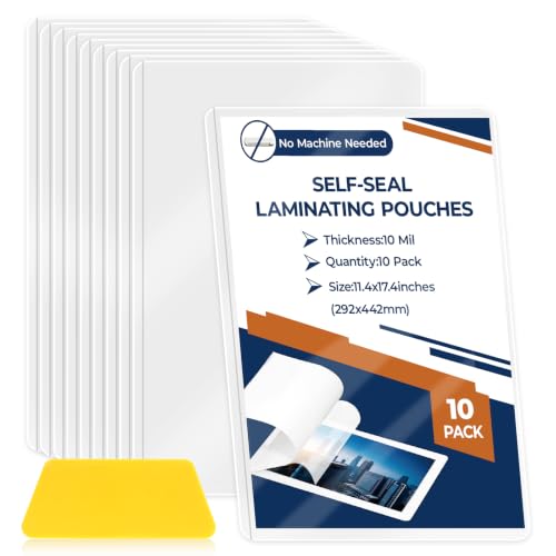 10 Pack 10 Mil 11x17" Self Sealing Laminating Pouches Self Adhesive Lamination Pouches Clear Laminate Sheets for Drawings Posters Art Prints Menu Big Certificates (No Heat & No Laminator Machine Need) - size: 11.4x17.4inch
