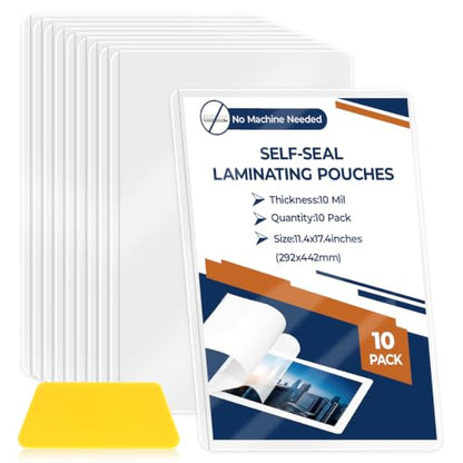 10 Pack 10 Mil 11x17" Self Sealing Laminating Pouches Self Adhesive Lamination Pouches Clear Laminate Sheets for Drawings Posters Art Prints Menu Big Certificates (No Heat & No Laminator Machine Need) - size: 11.4x17.4inch