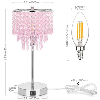 Touch Bedside Lamp with USB C+A Ports, Silver with Pink Crystal Shade - color: Pink