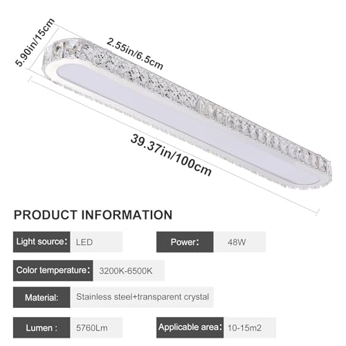 Qcyuui Dimmable LED Ceiling Light 39.4'' Kitchen Lighting Fixtures Ceiling Modern Luxury Crystal Ceiling Light with Remote Chrome Long Ceiling Light Fixture for Kitchen Dining Room Hallway,48W - color: Chrome/Dimm/48W/39.4IN/Crystal, size: 39.4in