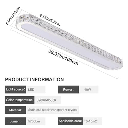 Qcyuui Dimmable LED Ceiling Light 39.4'' Kitchen Lighting Fixtures Ceiling Modern Luxury Crystal Ceiling Light with Remote Chrome Long Ceiling Light Fixture for Kitchen Dining Room Hallway,48W - color: Chrome/Dimm/48W/39.4IN/Crystal, size: 39.4in