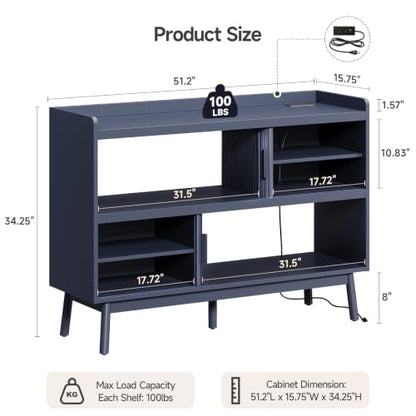 ONBRILL 51.2" Sideboard Buffet Cabinet with Outlet & Sliding Door, Blue - color: Blue, size: 51.2"