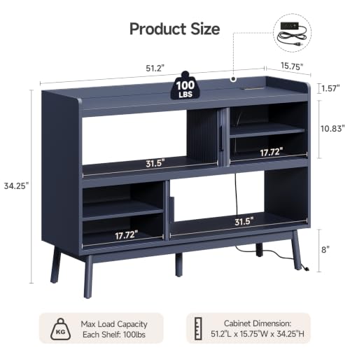 ONBRILL 51.2" Sideboard Buffet Cabinet with Outlet & Sliding Door, Blue - color: Blue, size: 51.2"