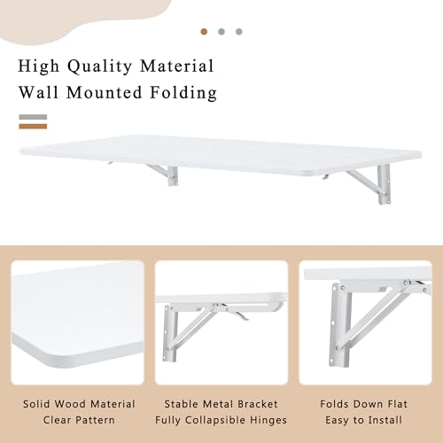 Laundry Room Folding Table Wall Mounted White MDF Fold Down Desk for Small Spaces Garage Shed Home Office Kitchen Bar Durable 100 lb Capacity Space Saving
