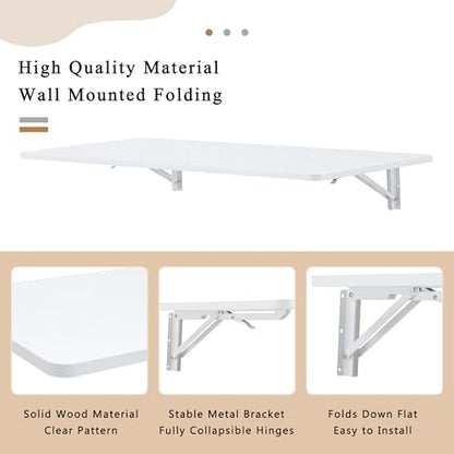 Laundry Room Folding Table Wall Mounted White MDF Fold Down Desk for Small Spaces Garage Shed Home Office Kitchen Bar Durable 100 lb Capacity Space Saving