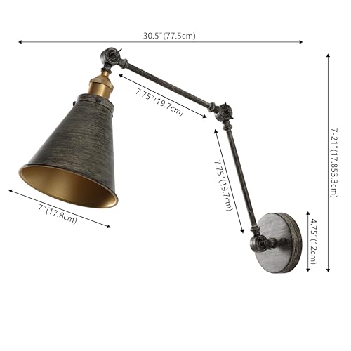 JONATHAN Y Rover 1-Light Wall Sconce 7", Rustic Dark Gray | Adjustable Arm, Hardwired Bedside Reading Swing Arm, Farmhouse Cone Shade, Metal Hardwired Indoor Fixture, LED Bulbs Included - color: Rustic Dark Gray/Brass Gold, size: Set of 1
