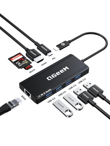 QGeeM USB C Hub Ethernet,9 in 1 USB Type C Hub HDMI Multi-Port Converter Adapter,100W Pd, USB 3.0,SD/TF Card Reader,Compatible for MacBook Pro Air Ipad HP Dell Lenovo Chromebook etc.-Black - color: Black