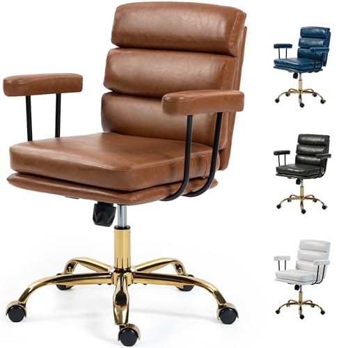 Leather Office Chair with Wheels,Ergonomic Swivel Rolling Task Chair,Padded Seat and Armrests,Adjustable Height Home Desk Chair,Executive Computer Chair, Gold Base Makeup Vanity Chair,Light Brown - color: Brown