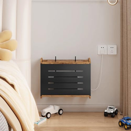 Wooden WiFi Router Box Hider, Wall Mount Router Shelf | Decorative Modem & Power Strip Storage Cabinet with Metal Frame, Internet Cable Management Organizer, Rustic Brown