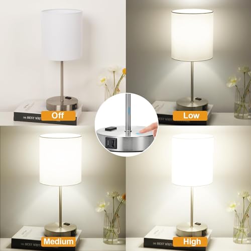 Lynnoland Set of 2 Touch White Table Lamps with 2 USB Ports & AC Outlet, 3-Way Dimmable Bedside Nightstand Lamps for Bedroom Living Room Nursery, 800 Lumens 5000K Daylight Bulbs Included - color: White & Brushed Nickel (Base) - 5000K