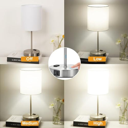 Lynnoland Set of 2 Touch White Table Lamps with 2 USB Ports & AC Outlet, 3-Way Dimmable Bedside Nightstand Lamps for Bedroom Living Room Nursery, 800 Lumens 5000K Daylight Bulbs Included - color: White & Brushed Nickel (Base) - 5000K