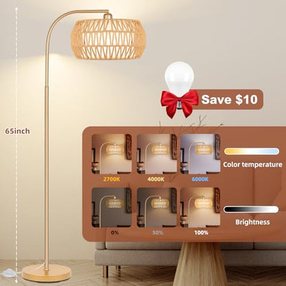 Brilvibera Boho Gold Farmhouse Floor Lamp- Rattan Lamp with Remote and Bulb | Mid Century Modern Rattan Floor Lamp with 2 in 1 Lampshades, Bohemian Gold Tall Lamp for Living Room, Office, Classroom - style: Drum-Gold