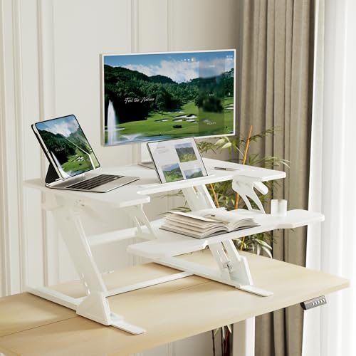 Claiks Standing Desk Converter 36In Height Adjustable Sit Stand Riser White | 5.9-17.3 inch height range, 33 lbs desktop capacity, ergonomic Z-lift structure, smooth pneumatic lift - color: White, size: 36 inch