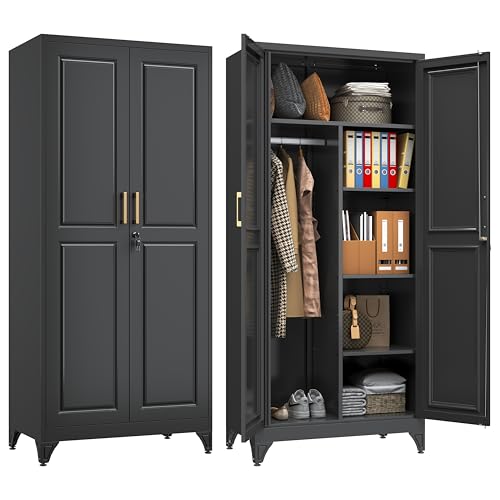 SteeLoong Armoire Wardrobe Closet,71" H Wardrobe Cabinet with Locking Doors | Metal Wardrobe Closet, with Hanging Rod,Black Clothing Storage Cabinet 3 Adjustable Shelves,Storage Locker for Bedroom,garage - color: Black, style: 71"H with Lock