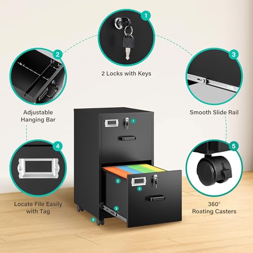 2 Drawer File Cabinet on Wheels,Metal Filing Cabinet with Lock,Black Rolling File Cabinets with Casters,Under Desk Office Cabinets for Home Office,Fit A4/Letter/Legal,Easy Assembly - color: Black, style: 2 Drawer with Wheels
