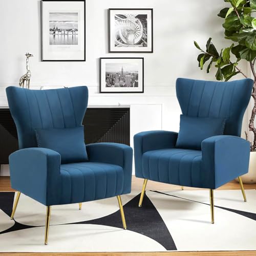 Velvet Accent Arm Chairs Set of 2 with Wingback & Lumbar Pillow, Modern Armchairs for Living Room Bedroom, Guest Reception Side Chairs for Office, Gold Finish, Navy Blue - color: Blue, size: 2PCS with Channel Tufted