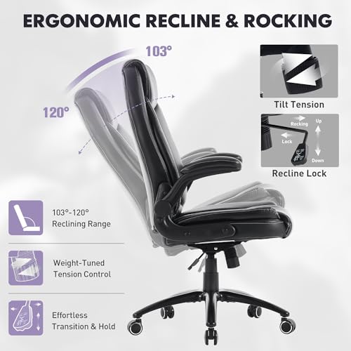MALOL 300lbs Office Chair with Flip-Up Armrests & Reclining Backrest, Ergonomic PU Leather Executive Desk Chair-Adjustable Height & Tilt Tension, Black - color: Black-new