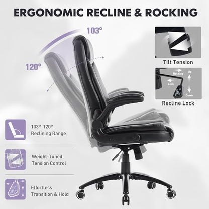 MALOL 300lbs Office Chair with Flip-Up Armrests & Reclining Backrest, Ergonomic PU Leather Executive Desk Chair-Adjustable Height & Tilt Tension, Black - color: Black-new