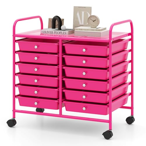 RELAX4LIFE 12-Drawer Rolling Storage Cart - Mobile Utility Cart on Wheels for School Classroom Teacher Office Salon, Paper File Art Supply Craft Organizer, Rolling Cart with Drawers (Hot Pink) - color: Hot Pink, size: 24.5''