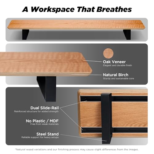 ULTRARM Moodular Wooden Monitor Stand Desk Organizer, Large 45.6" Oak | Customizable Organized Workspace, Aluminum Slide Rails, 10 Add-Ons Sold Separately: Storage Drawer, Tablet, Phone & More