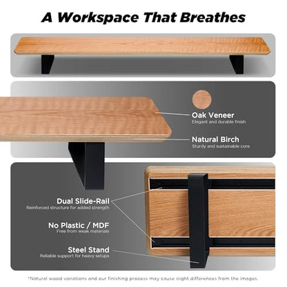 ULTRARM Moodular Wooden Monitor Stand Desk Organizer, Large 45.6" Oak | Customizable Organized Workspace, Aluminum Slide Rails, 10 Add-Ons Sold Separately: Storage Drawer, Tablet, Phone & More