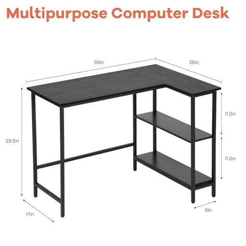 BLKMTY L-Shaped Computer Desk With Storage Shelves, 39" Home Office Corner Desk for Small Spaces, Reversible Study Writing Table Workstation, Black - size: 39 Inches