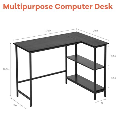 BLKMTY L-Shaped Computer Desk With Storage Shelves, 39" Home Office Corner Desk for Small Spaces, Reversible Study Writing Table Workstation, Black - size: 39 Inches