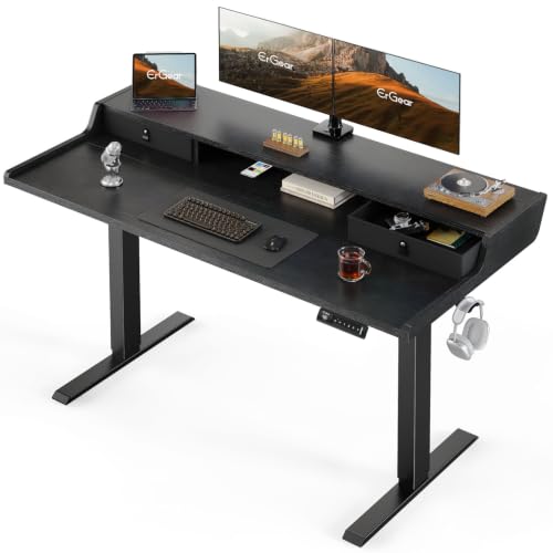 ErGear Electric Standing Desk with Drawers, 55″ x 28″ Gaming Table Compatible Monitor Stand, Stand up Desks, Home Office Height-Adjustable Desk with Storage Shelf, 4 Preset Heights, Black - color: Black, size: 55" X 28"