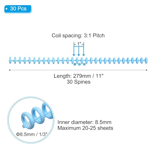 PATIKIL 8.5mm(1/3") Plastic Spiral Binding Coils, 30 Pcs Binding Spirals 20-25 Sheet Capacity Binding Spirals for Binding Paper Sheets, Sky Blue - color: Sky Blue, size: 8.5mm(1/3")