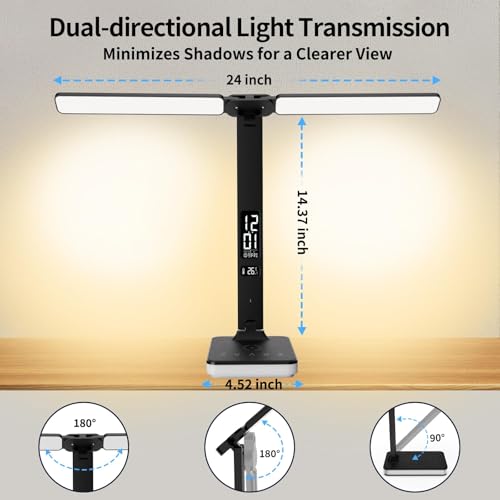 LED Desk Lamp with Charger, USB Charging Port, Dual Swing Arm Desk Light with 5 Brightness, 3 Colors, Table Lamp with Clock, Alarm, Date, Temperature, Desk Lamp for Home Office Study (Black) - color: Dual-Head Black
