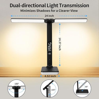 LED Desk Lamp with Charger, USB Charging Port, Dual Swing Arm Desk Light with 5 Brightness, 3 Colors, Table Lamp with Clock, Alarm, Date, Temperature, Desk Lamp for Home Office Study (Black) - color: Dual-Head Black