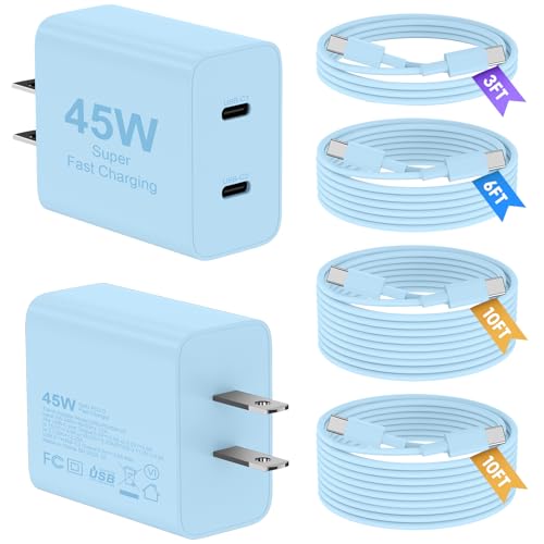 Super Fast Samsung Charger Type C, 2 Pack 45W Dual Port USB C Fast Charger - color: Blue, size: 2pack-(3+6+10+10)ft