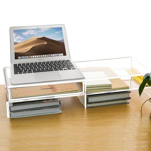 2-Tier Acrylic Monitor Stand Riser with Drawer - 19.68" Large Clear Laptop Stand - Ergonomic Desk Organizer for Computer, iMac, MacBook - Sturdy Storage Shelf for Office Supplies & Home Desktop