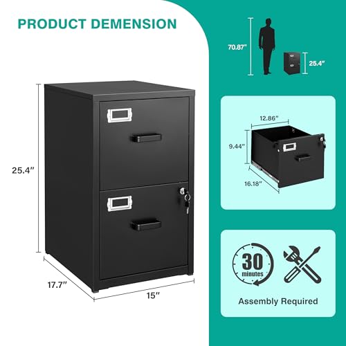 2 Drawer File Cabinet with Lock,Narrow Vertical Filing Cabinet,Under Desk File Cabinets,Black Metal File Cabinets for Home Office,Fit Letter/A4/Legal Size File, Easy Assembly - color: Black, style: 2 Drawer